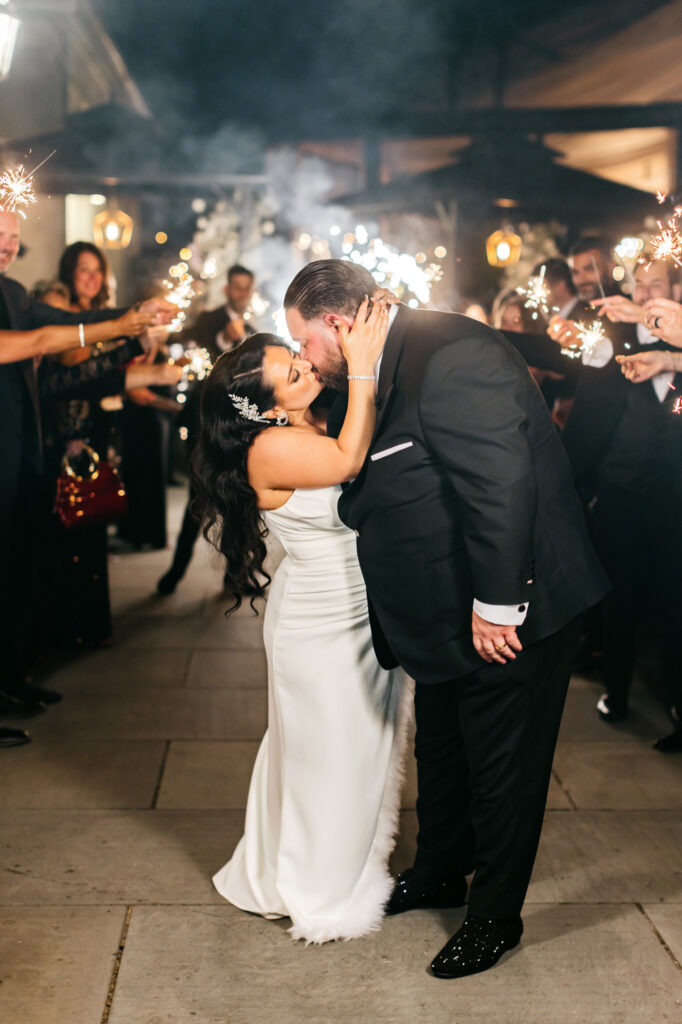 bride & grooms sparkler send off at Cescaphe's Water Works by Emily Wren Photography