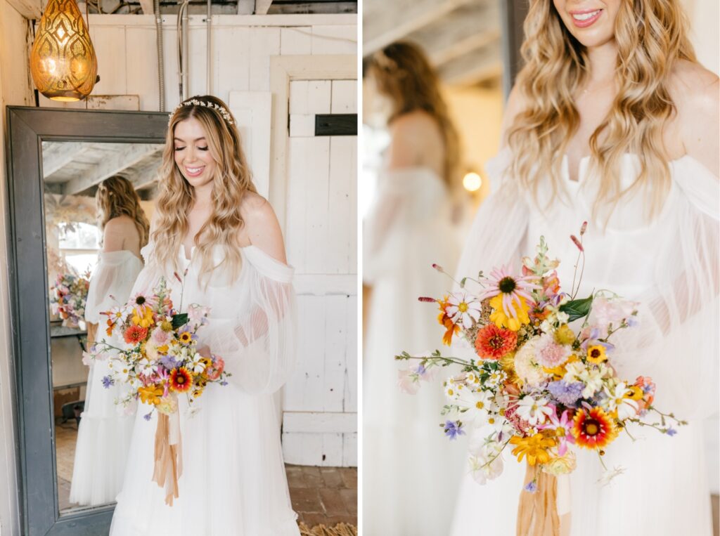 bride with her colorful wild flower bridal bouquet