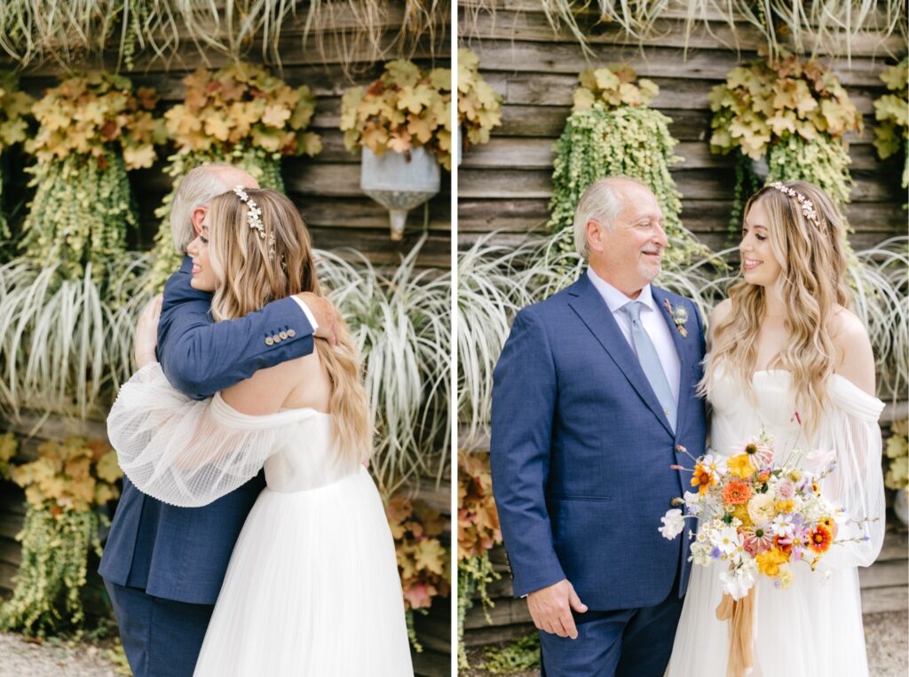 bride's first look with her father at Terrain at Styer's by PA wedding photographer Emily Wren Photography