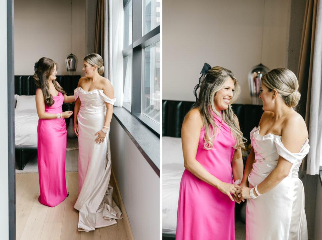 bride with her sisters in hot pink bridesmaid dresses