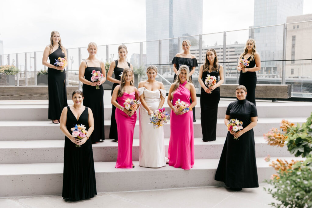 Center City bridal party in black and hot pink wedding attire by Emily Wren Photography