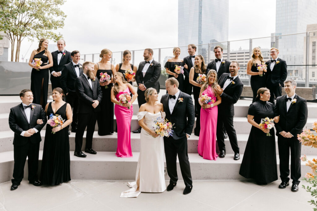 Center City bridal party in black and hot pink wedding attire by Emily Wren Photography