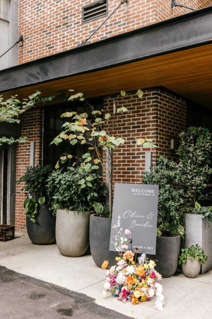 floral wedding welcome sign for Philadelphia spring wedding at The Fitler Club