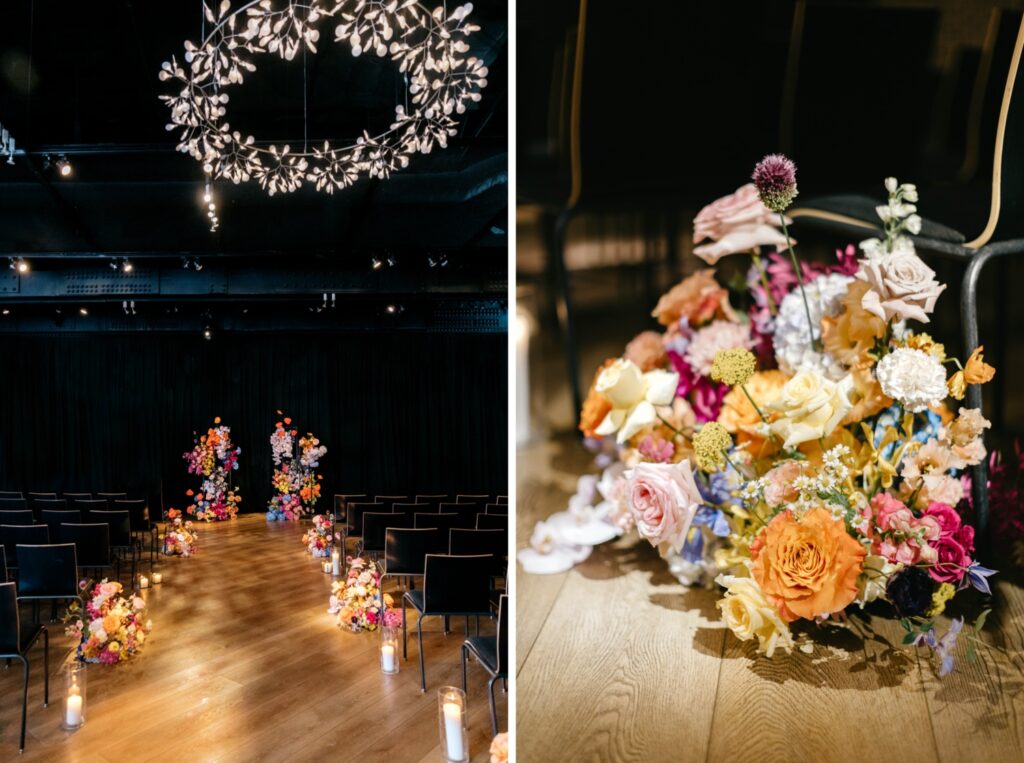 Dark wedding ceremony with vibrant colorful florals by Emily Wren Photography