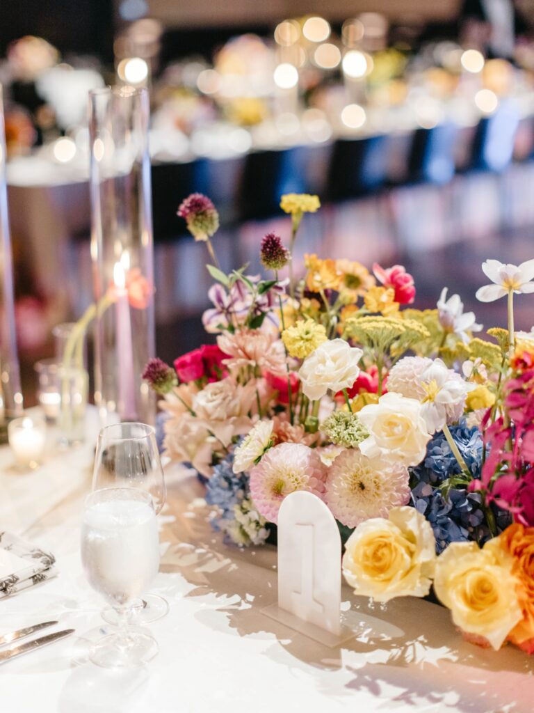 colorful spring floral table centerpieces by Emily Wren Photography