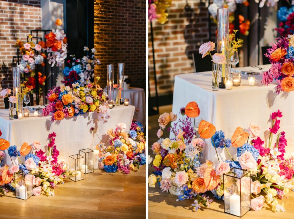 blue, orange, pink, lilac, coral wedding florals