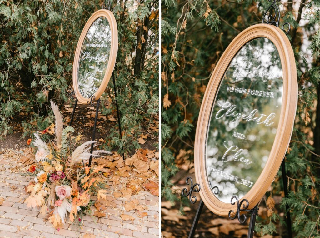 gold mirror wedding welcome sign by Emily Wren Photography