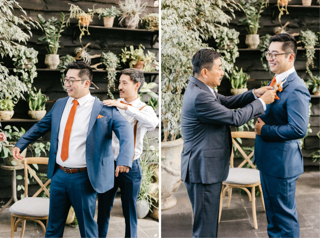 groom getting ready for his fall wedding at Terrain at Styer's