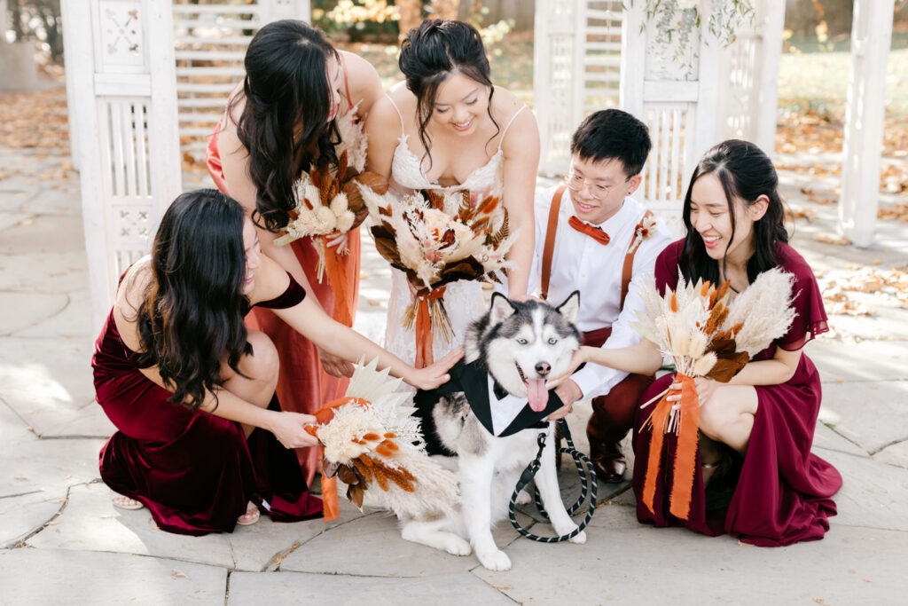 bride with her siblings & their pet dog during Fall wedding day in Pennsylvania