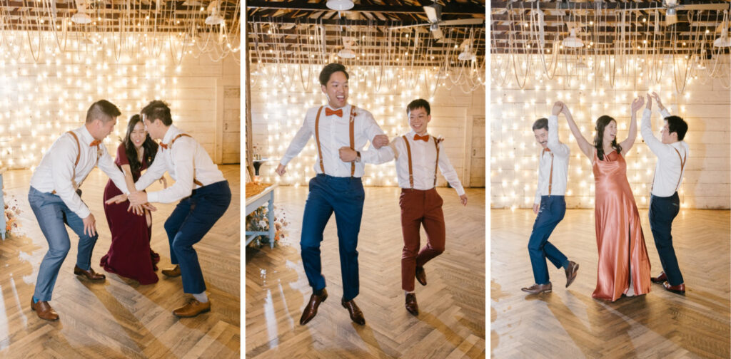 funny bridal party entrances in front of twinkle light wall