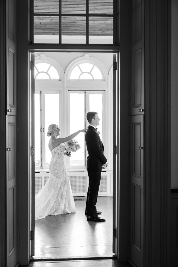 first look with groom inside Glen Foerd Mansion by Philadelphia Wedding photographer Emily Wren Photography