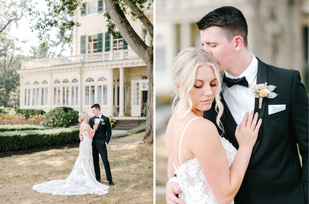 bride & groom portrait session outside Glen Foerd in Philadelphia, Pennsylvania