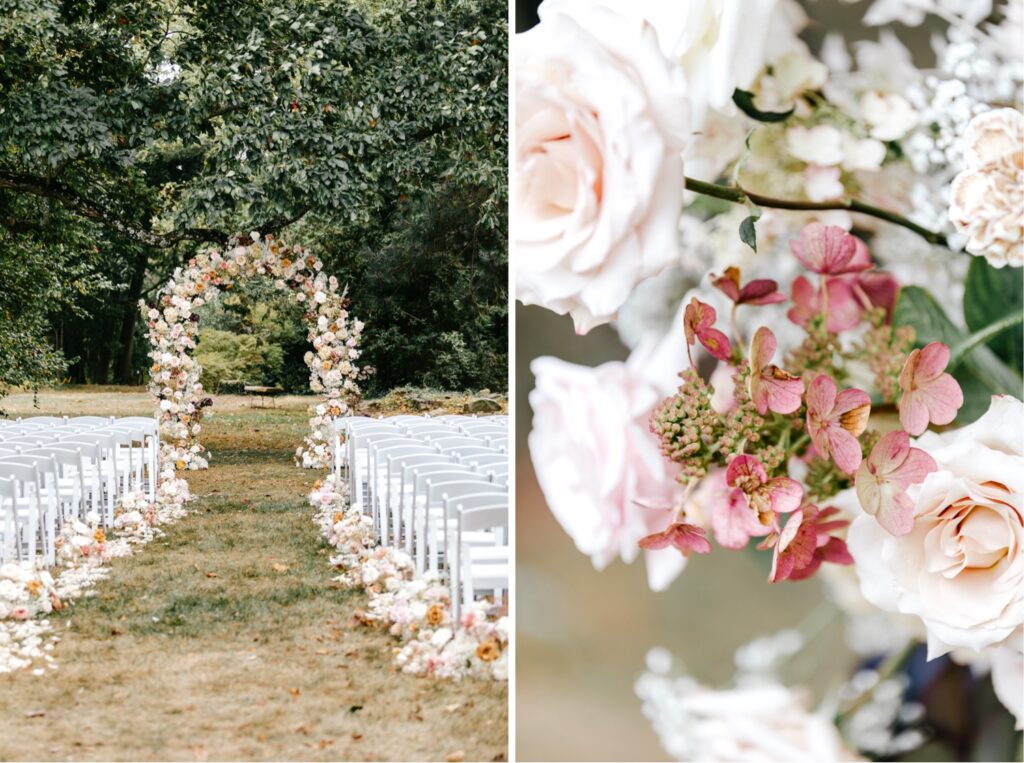 summer floral wedding arch with pink, burnt orange, blush pink, & white flowers