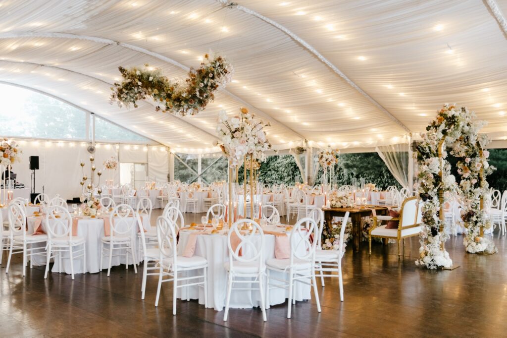 blush pink & white wedding reception details at Glen Foerd Mansion by Emily Wren Photography