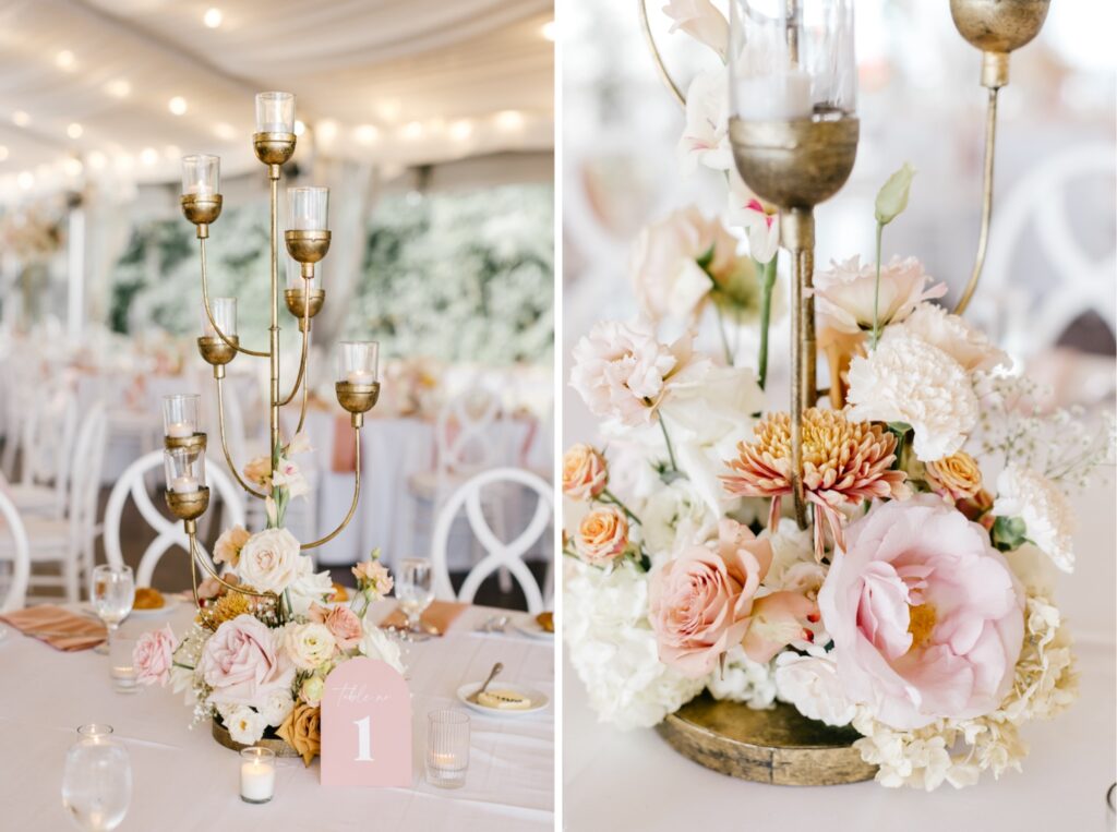 wedding reception candelabra with pink, white & burnt orange flowers by Emily Wren Photography