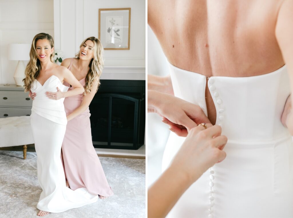 bride getting dressed in her Eva Lendel gown for her summer wedding day by Emily Wren Photography