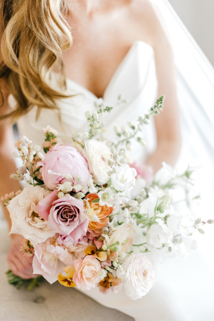 blush pink, light purple, white bridal bouquet for spring wedding