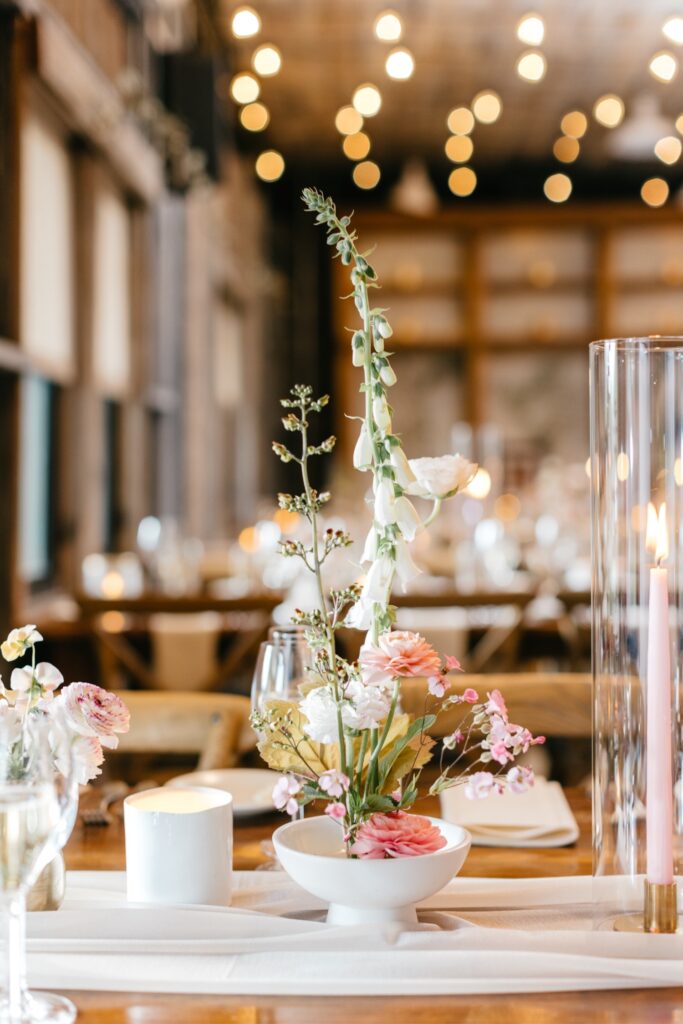 pink flowers & ferns reception table decor by Emily Wren Photography