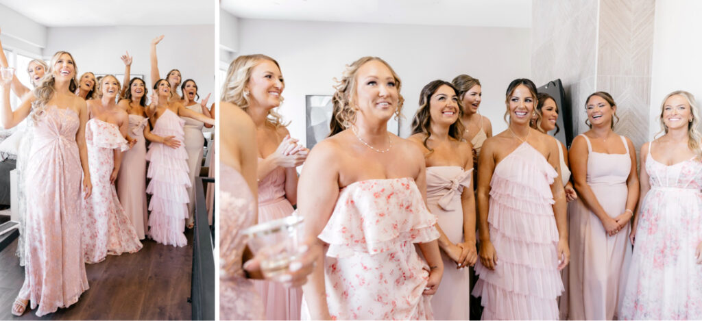 first look with bridesmaids in their pink bridesmaid dresses