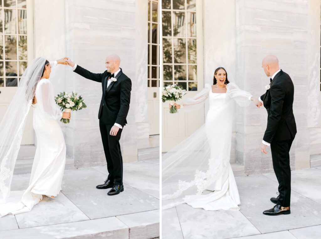 bride and grooms first look at Merchant's Exchange in Philadelphia