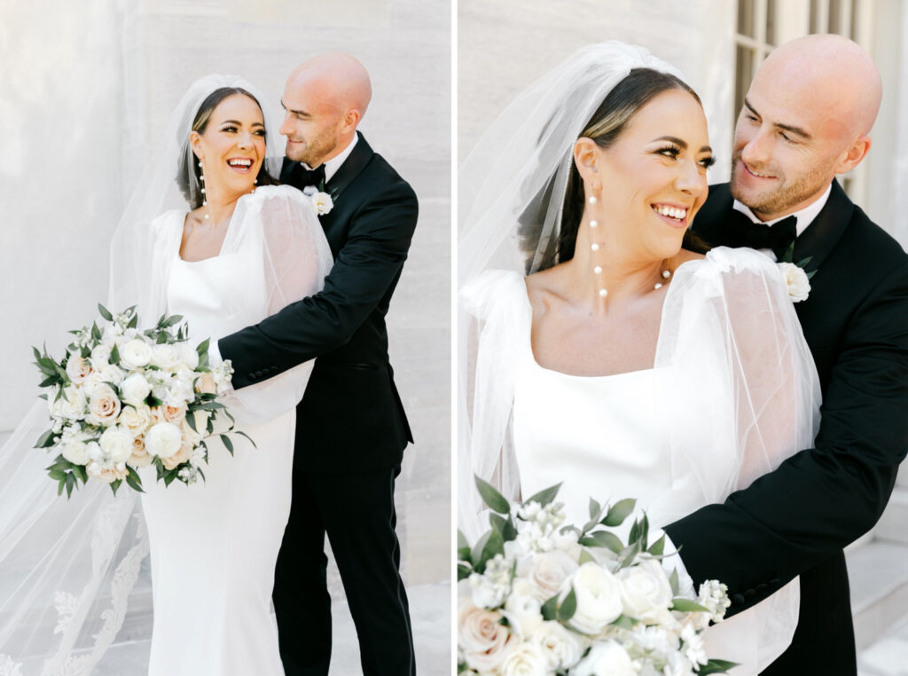 portrait of Bride & groom at Merchant's Exchange before their summer Cescaphe wedding