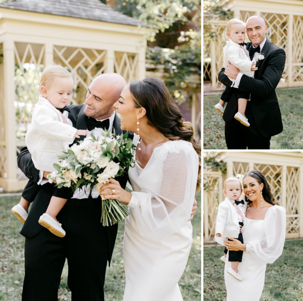 bride & groom with their son in Old City Philadelphia garden