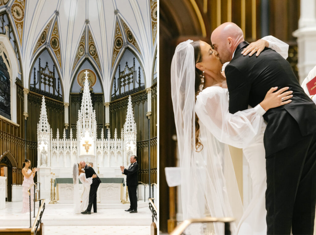 bride and grooms first kiss during summer Philadelphia wedding ceremony