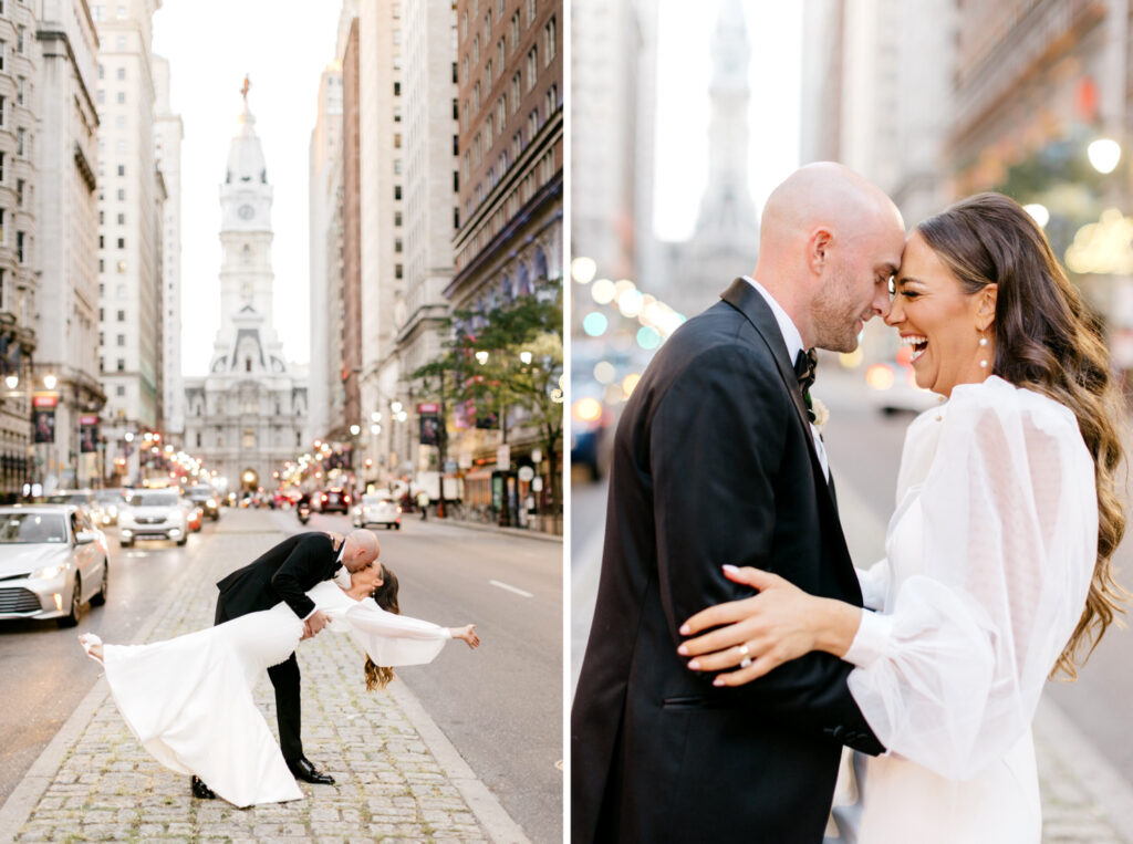 bride and groom on Broad St in front of City Hall in Philadelphia, Pennsylvania