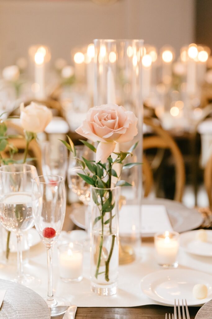 pink floral table displays at Philadelphia wedding reception