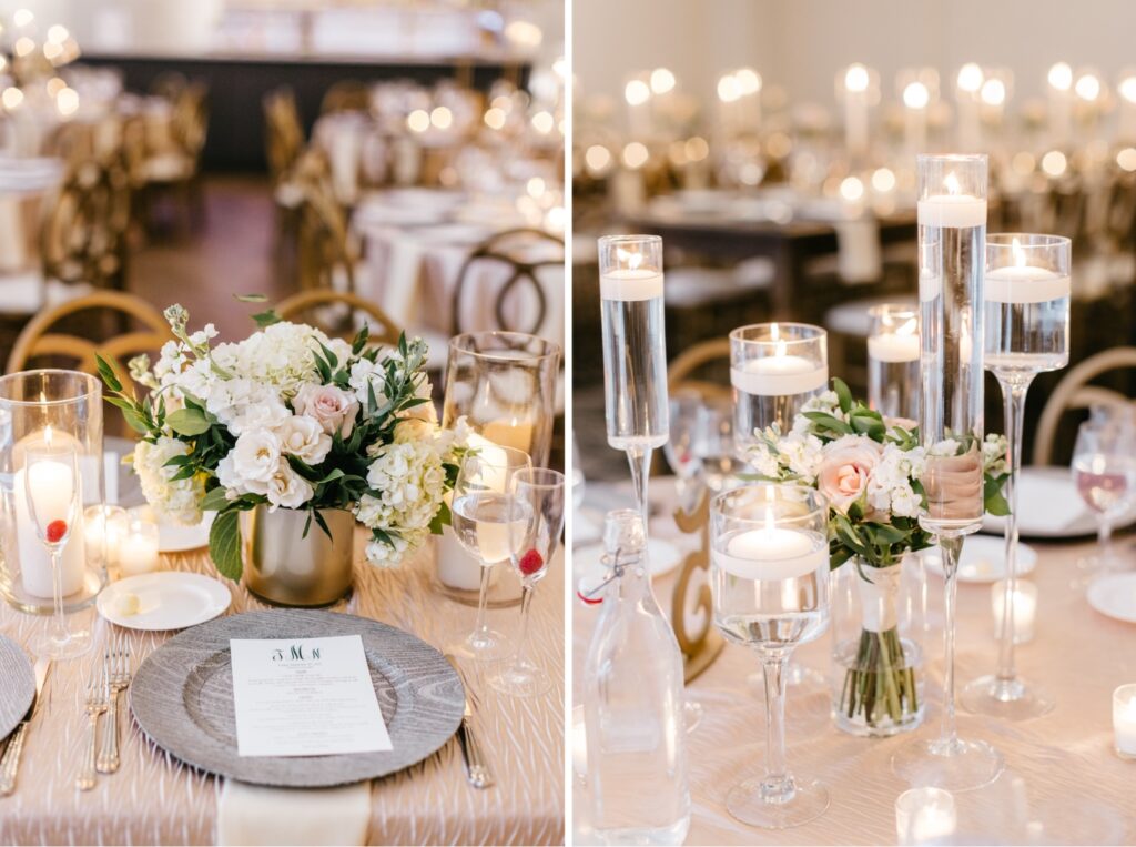 pink and white floral displays with floating candles at Philadelphia wedding reception at The Lucy