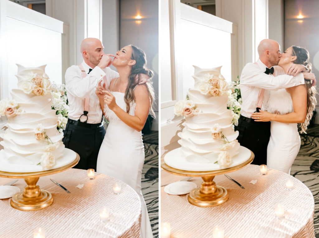 bride and groom cutting their wedding cake at The Lucy wedding reception