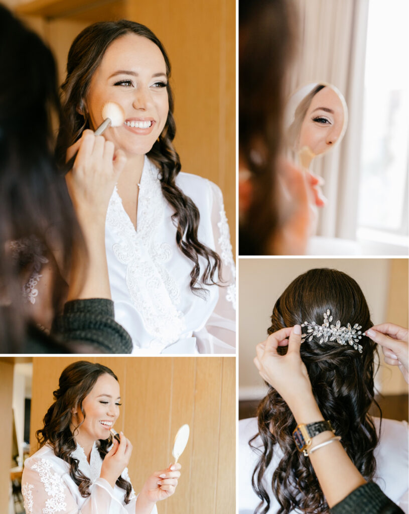 bride getting her wedding day makeup done by Emily Wren Photography