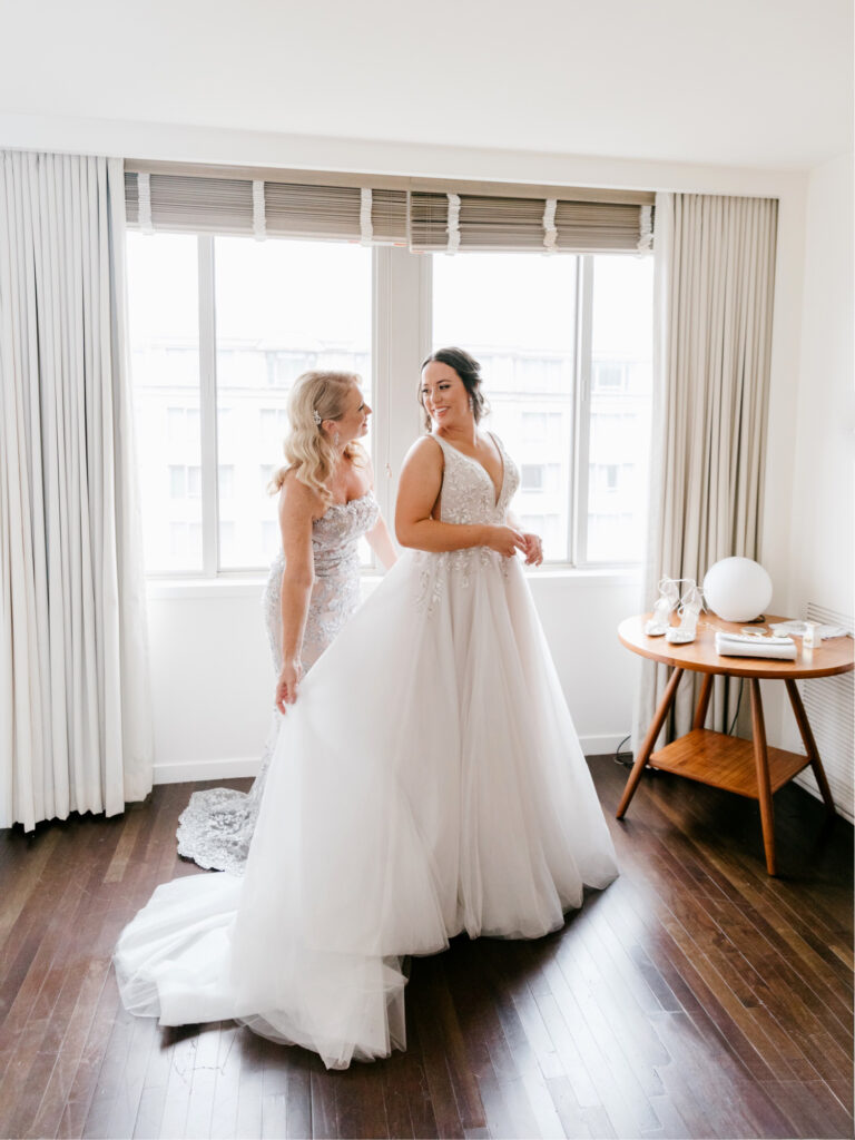 bride & her mother getting ready for Washington DC wedding day