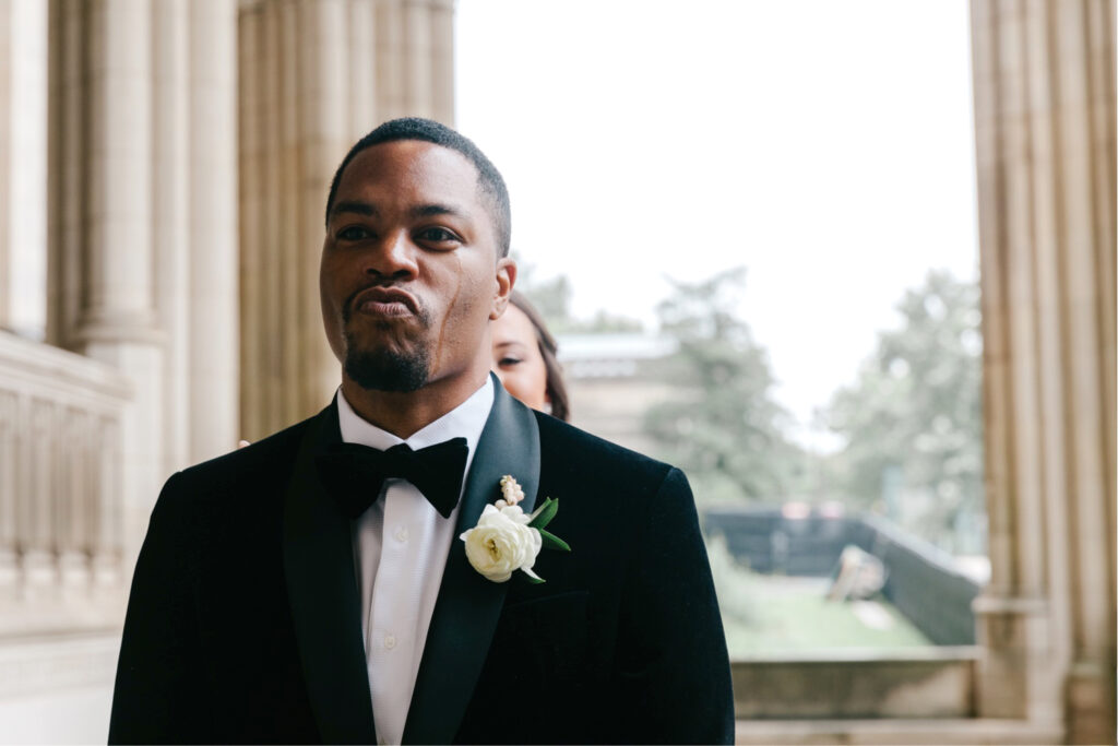 emotional first look with groom before Fall Washington DC wedding