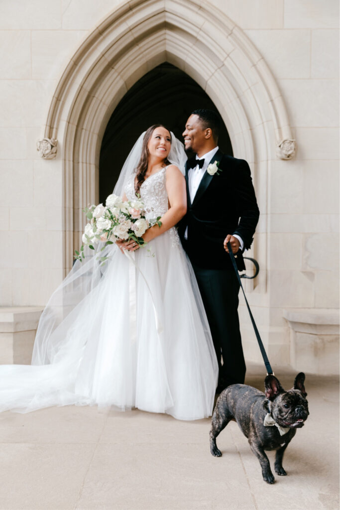 bride & groom portrait with their dog ring bearer