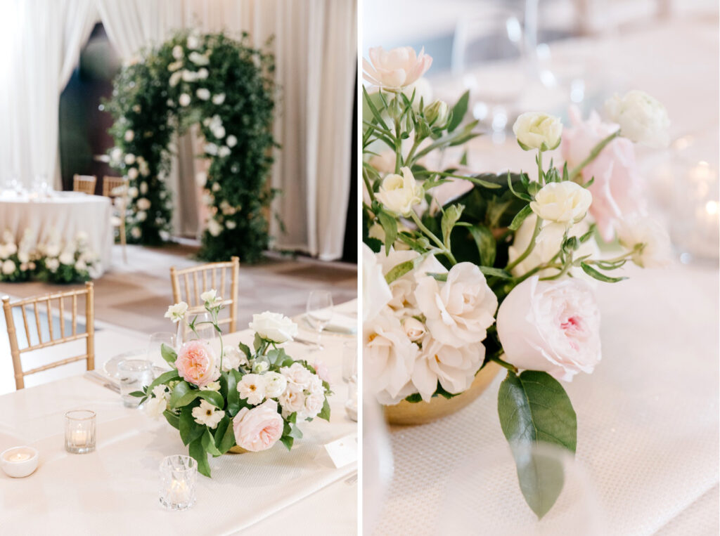 white & blush pink floral table centerpieces