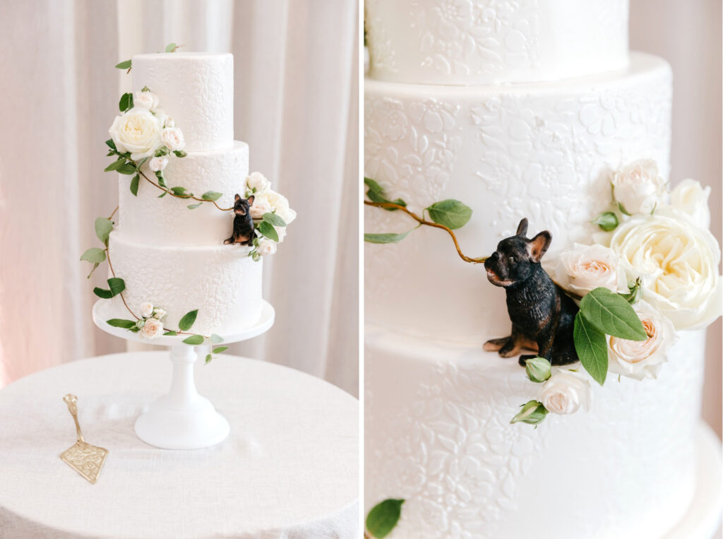 3 tier wedding cake with vine decor and dog figurine