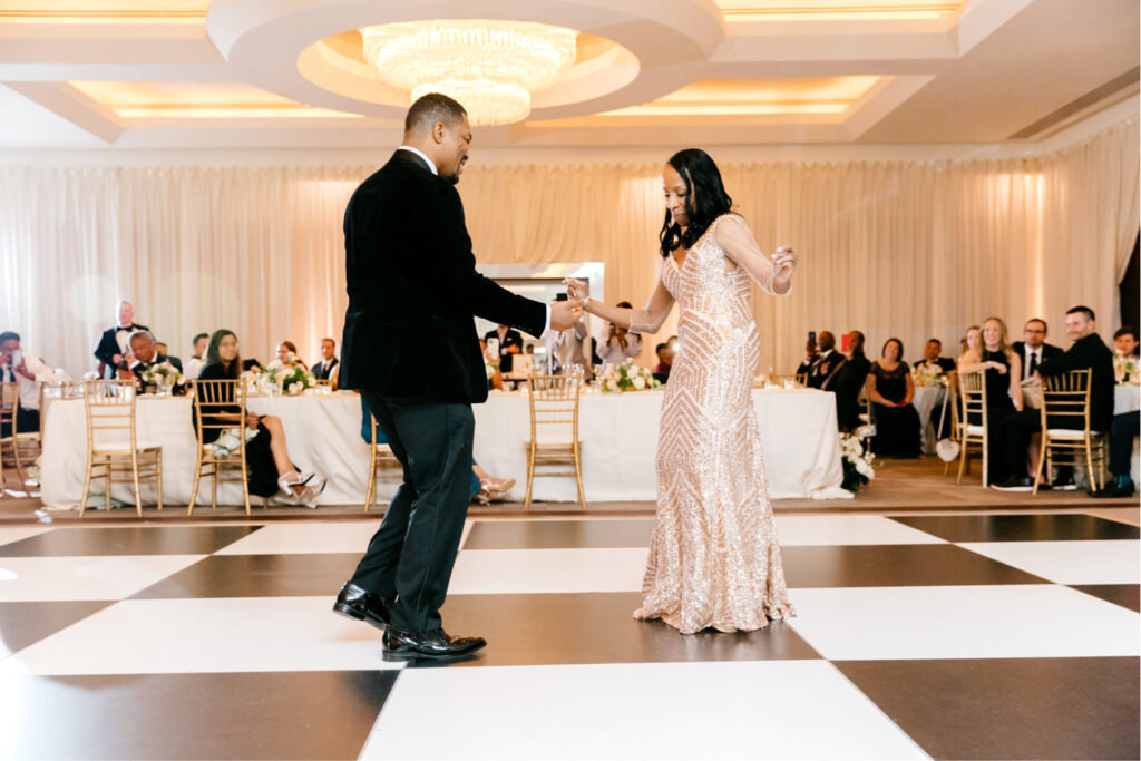 grooms dance with his mother during Maryland wedding reception