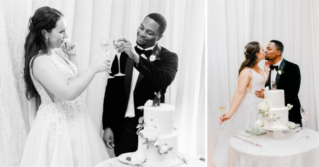 bride & groom cutting their wedding cake during Washington DC wedding reception by Emily Wren Photography