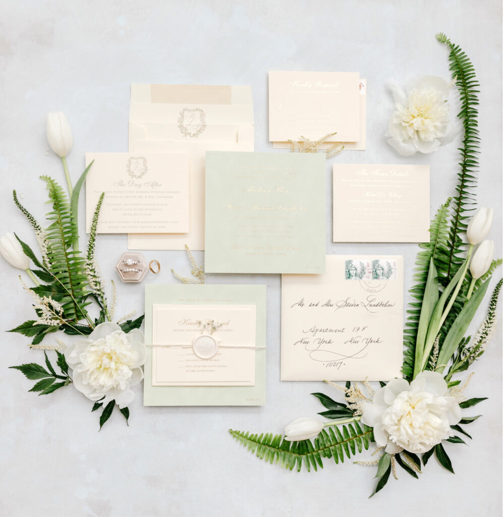 ivory and light green wedding invitation details by Emily Wren Photography