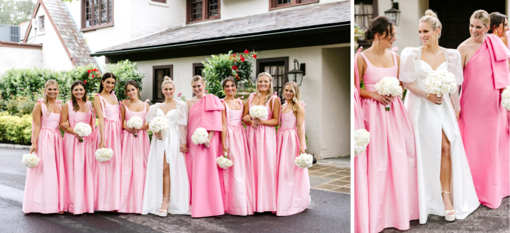 bride with her bridesmaids in hot pink bridesmaid dresses for summer Pennsylvania wedding day