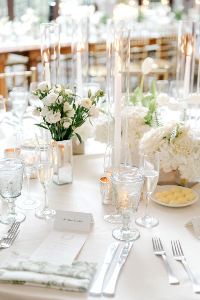 all white floral table decor for summer Pennsylvania wedding