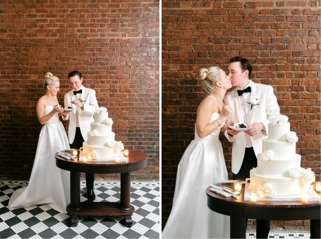 bride & groom cutting the cake during summer wedding reception by Emily Wren Photography