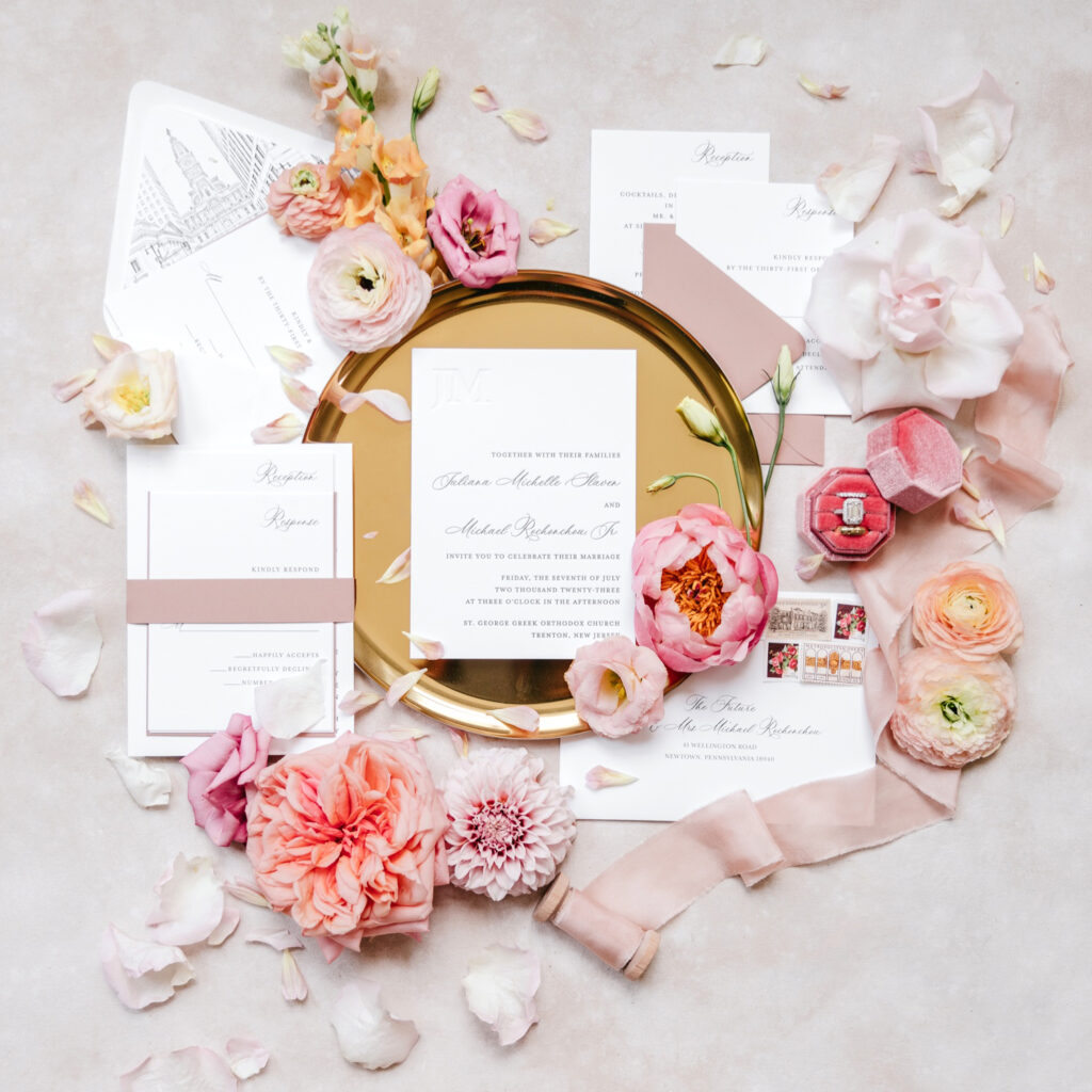 pink & white wedding invitation details by Emily Wren Photography