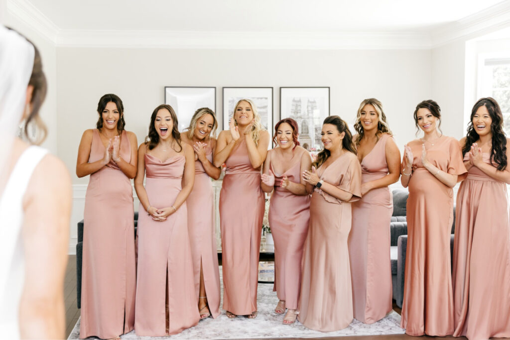 first look with bridesmaids before luxurious Philadelphia wedding