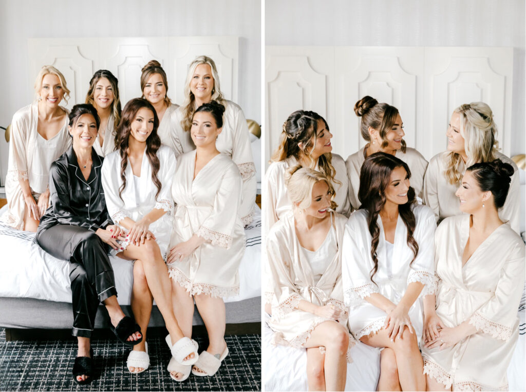 bride with her bridesmaids in silk robes as they get ready for a Fall Cescaphe wedding day