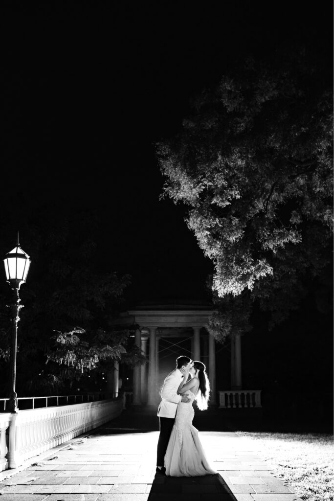 bride and groom night portrait at Cescaphe Philadelphia Water Works by Emily Wren Photography