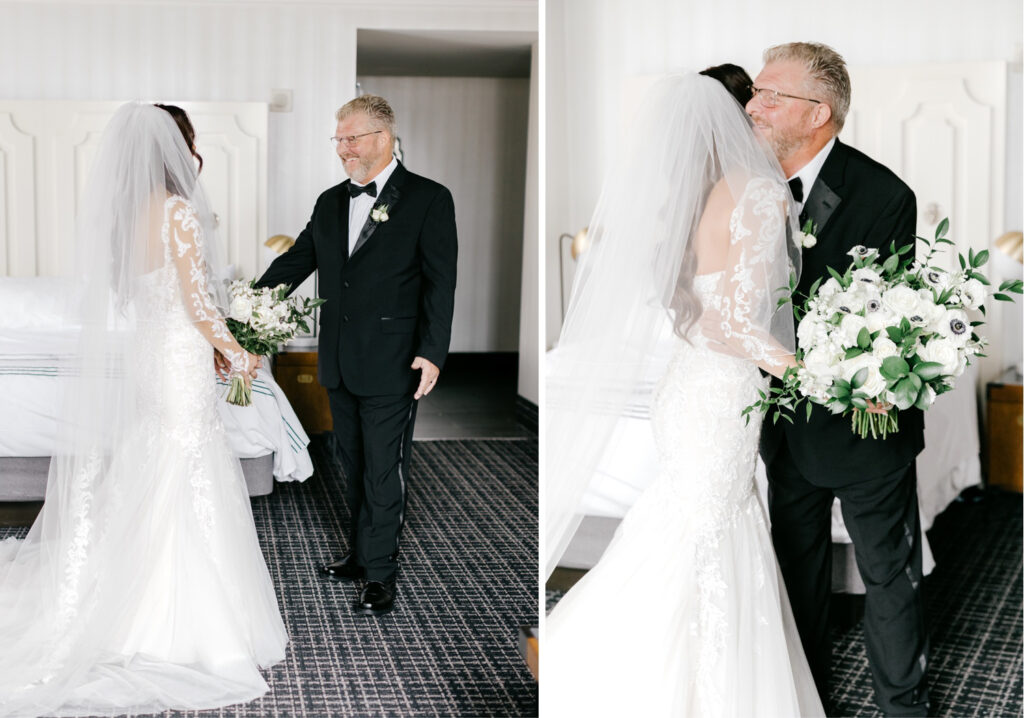 brides first look with her father before her Philadelphia wedding