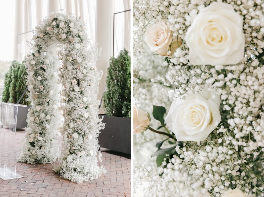 white rose flower arch for Fall wedding ceremony by Emily Wren Photography