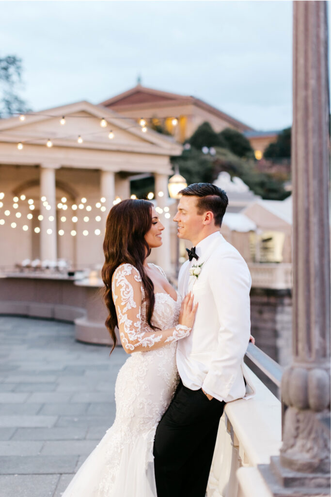 Bride and Groom at Philly Water Works during sunset